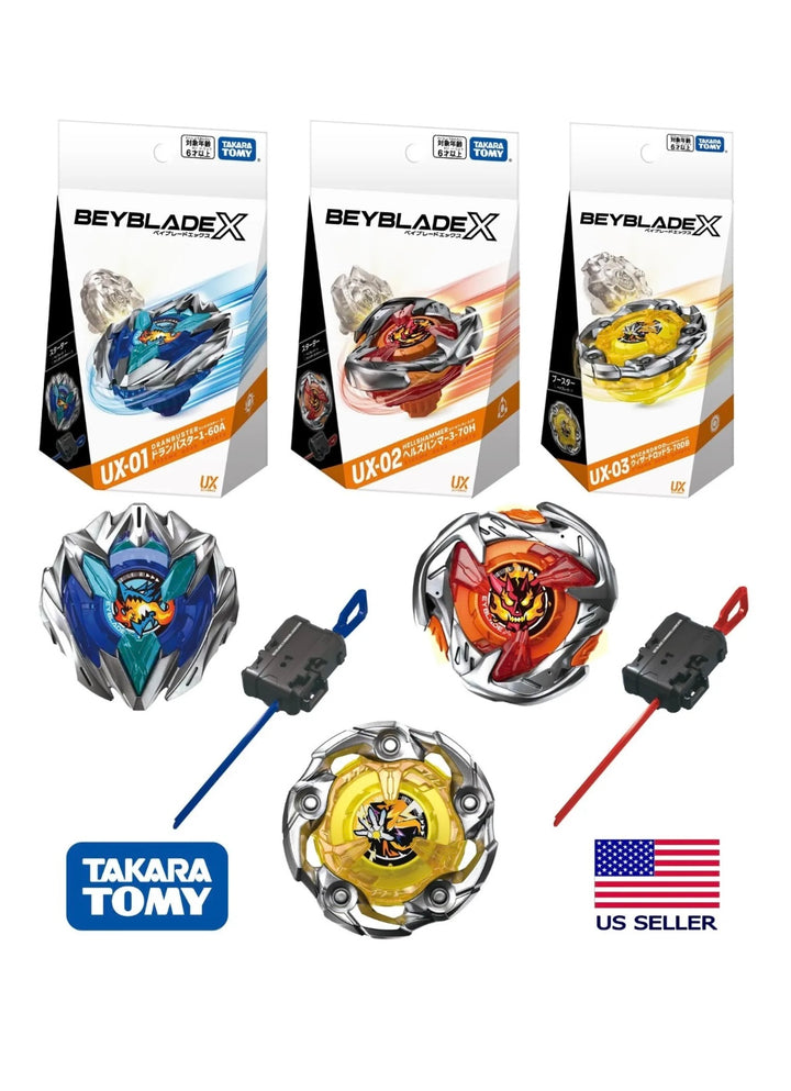 Beyblade triple booster set  X UX-01 Starter Dran Buster 1-60A + UX-02 Hell's Hammer 3-70H + UX-03 Wizard Rod 5-70DB - Dcu Shop 